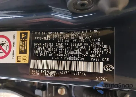 2016 Toyota Camry Xle из США, поврежденный, VIN 4T4BF1FK5GR550739